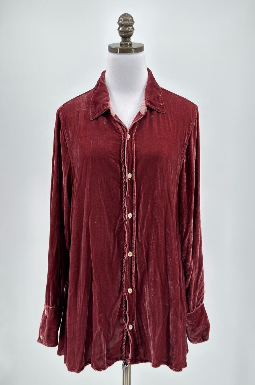 CP Shades Burgundy Red Velvet Long Sleeve Button Front Tunic Shirt Sz M